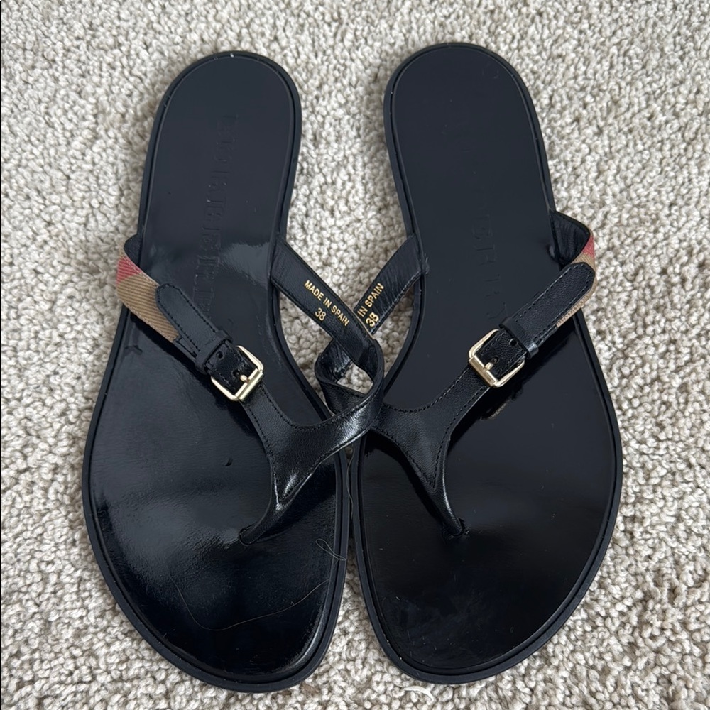 Burberry Black Sandals (flip flops) with Gold Buckle Accents